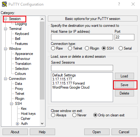 PuTTY Save configuration