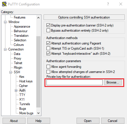 PuTTY private key configuration