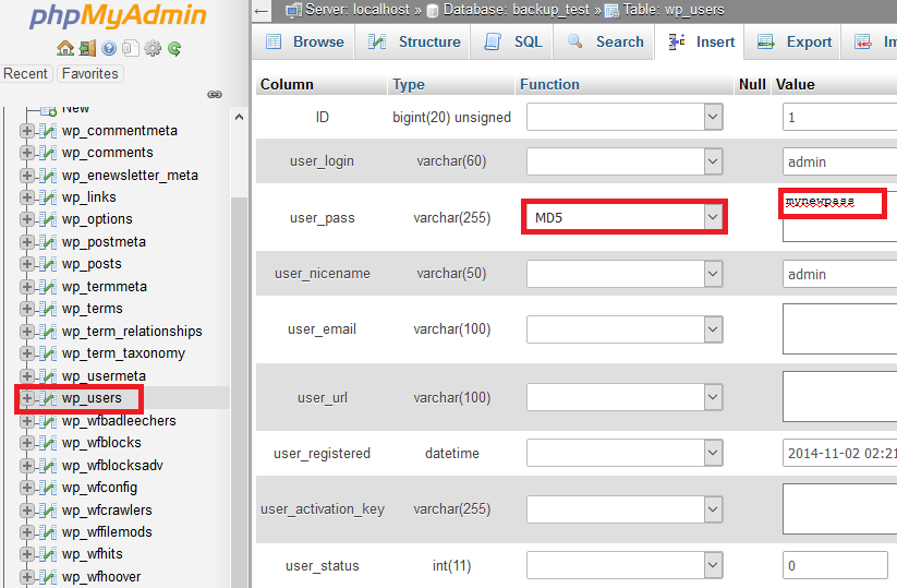 Update WordPress Admin Password using phpMyAdmin