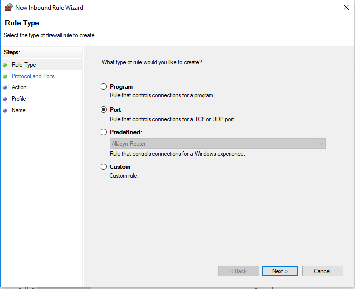 Select Port in Windows Firewall Rule